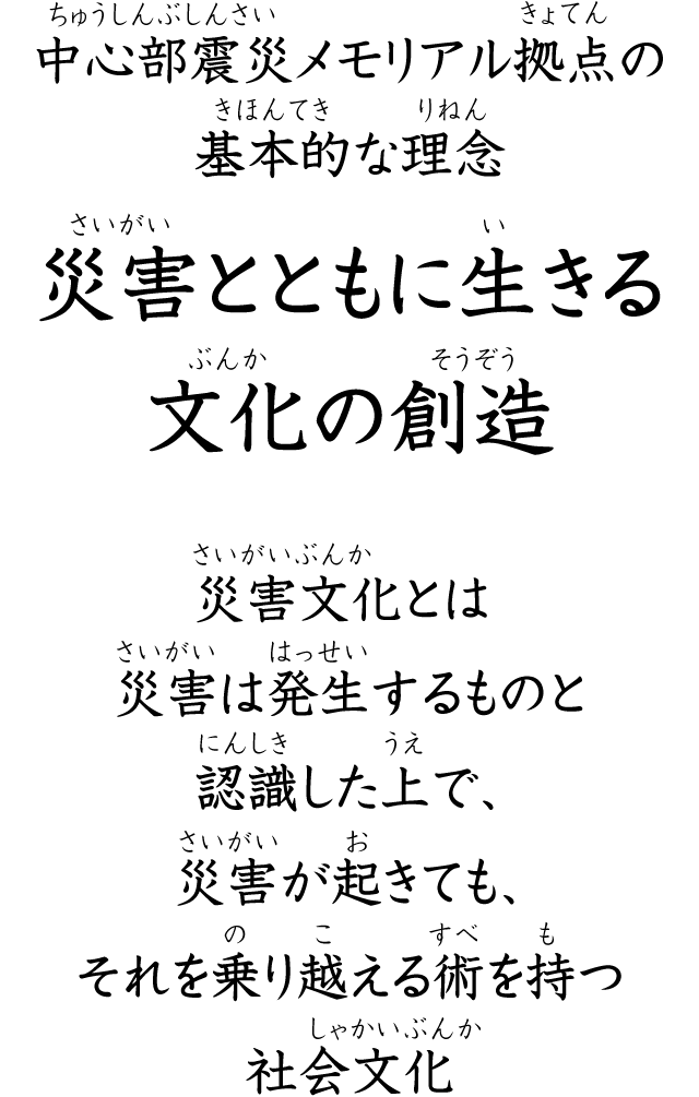 中心部震災メモリアル拠点の基本的な理念―“災害とともに生きる文化の創造”“災害文化”とは―災害は発生するものと認識した上で、災害が起きても、それを乗り越える術を持つ社会文化